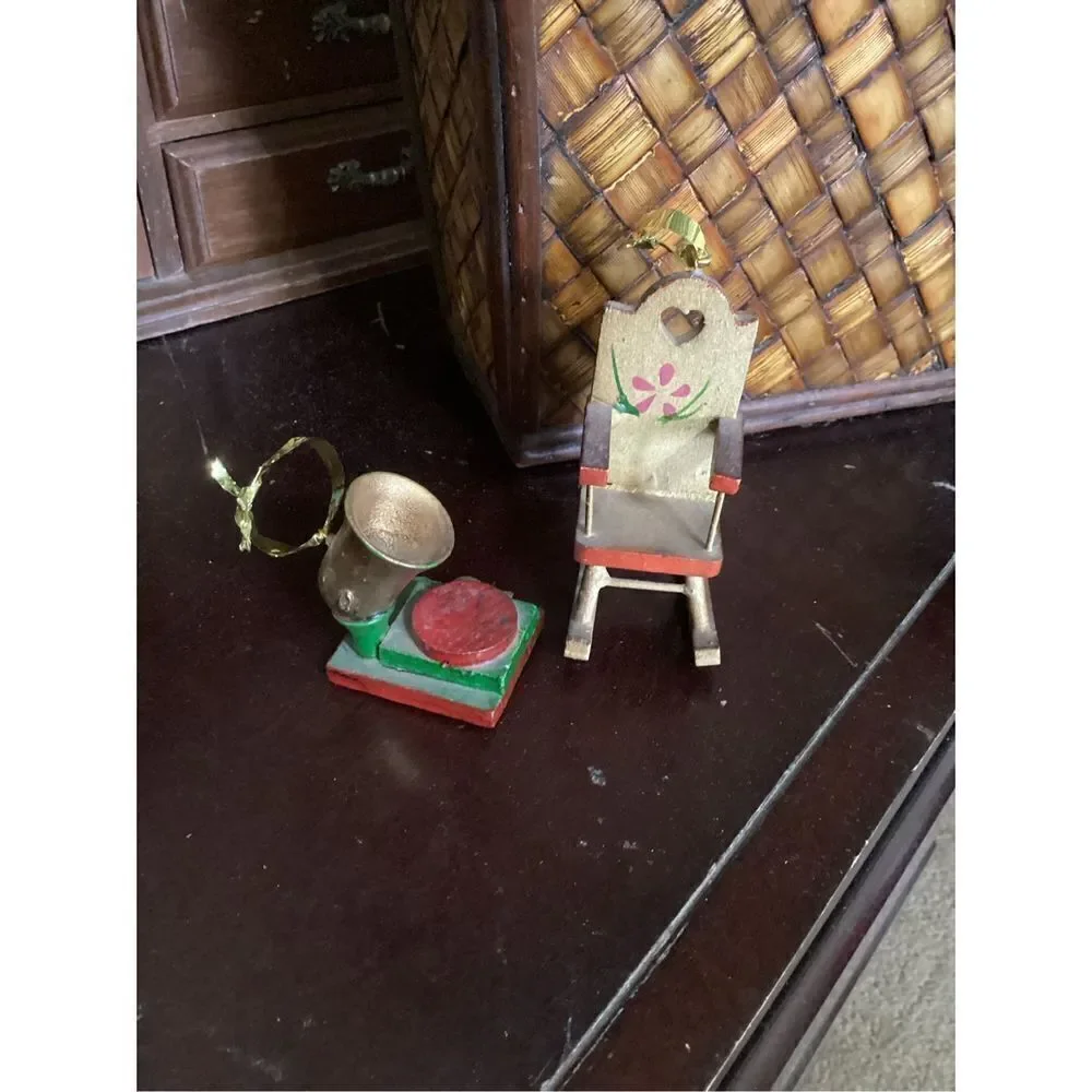 Vintage Wooden Christmas Tree Ornaments Rocking Chair & Phonograph
